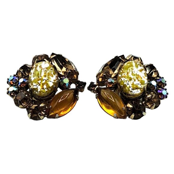 Yellow Foil Art Glass Rhinestone Earrings Autumn Colors Vintage Costume Jewelry - Picture 3 of 8